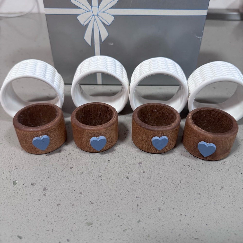 8 Napkin Rings -4 Wooden with Blue Heart & 4 White Ceramic Basket-Weave